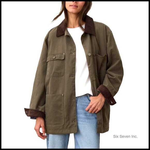 Jackets & Blazers - Oversized Utility Cotton Coat Corduroy Collar Vintage Workwear with Pockets